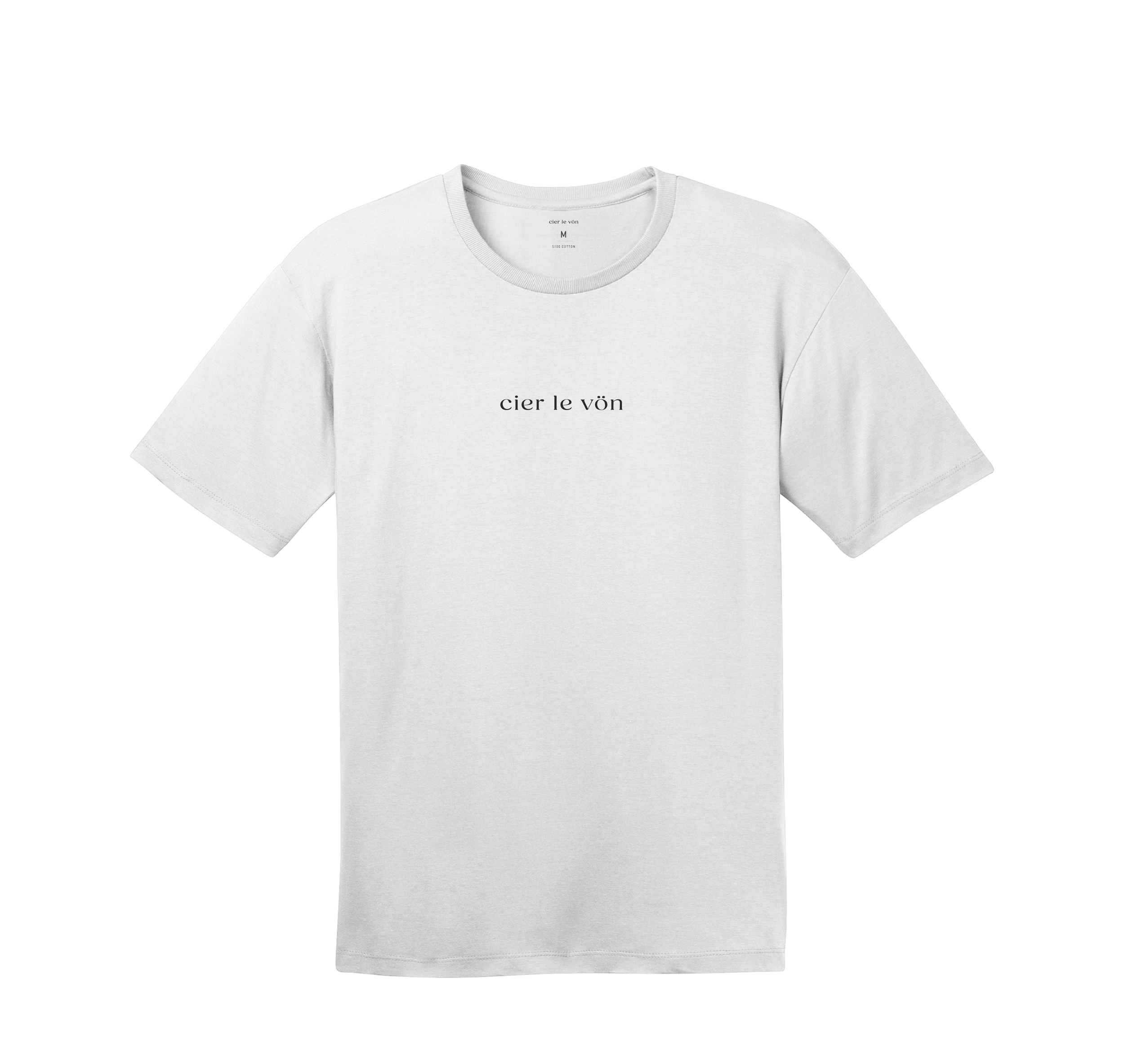 White T-shirt with black text that reads 'cier le vön' centered on the front.