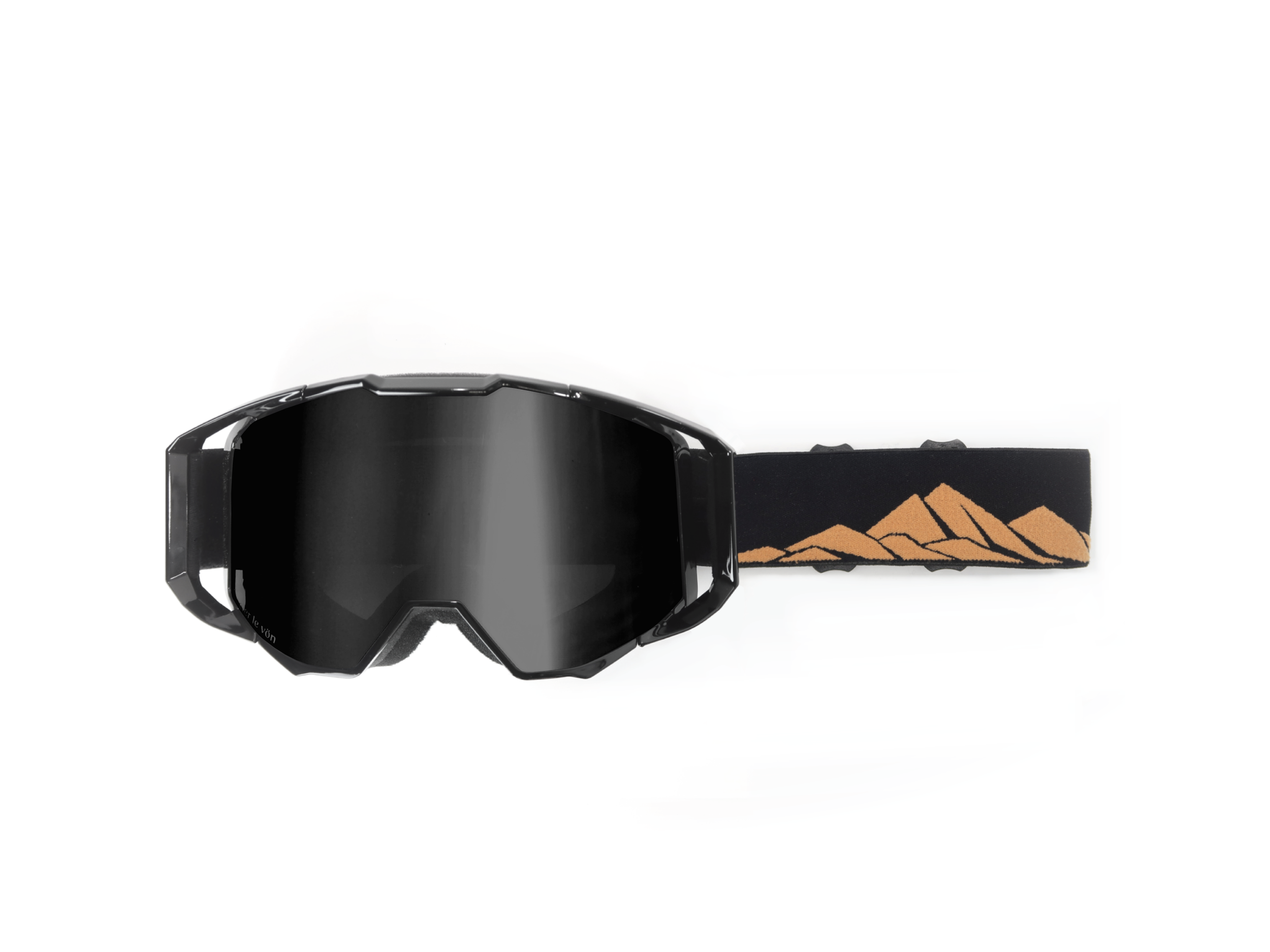 Black ski goggles with a reflective lens and a wide strap featuring a mountain range design in brown, against a white background.