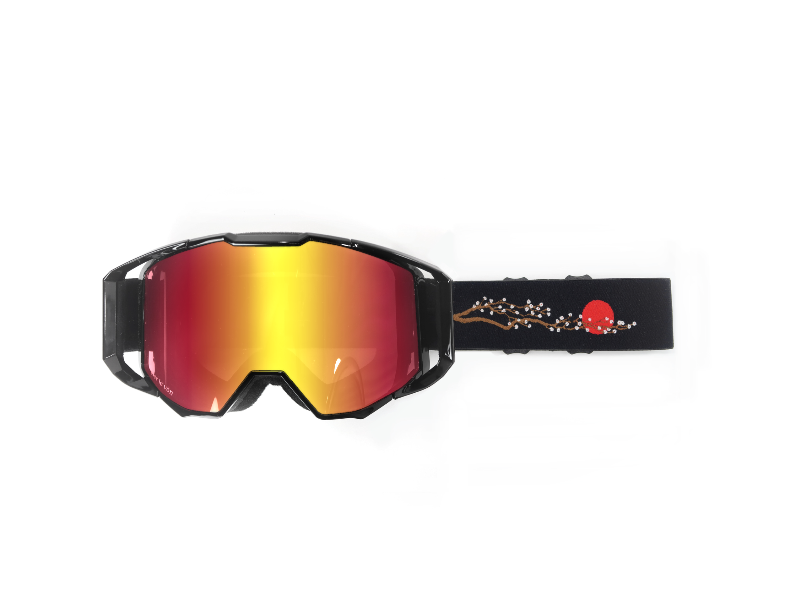 Black ski goggles with reflective yellow-red lens and a black strap featuring a red flower and white blossoms embroidery.