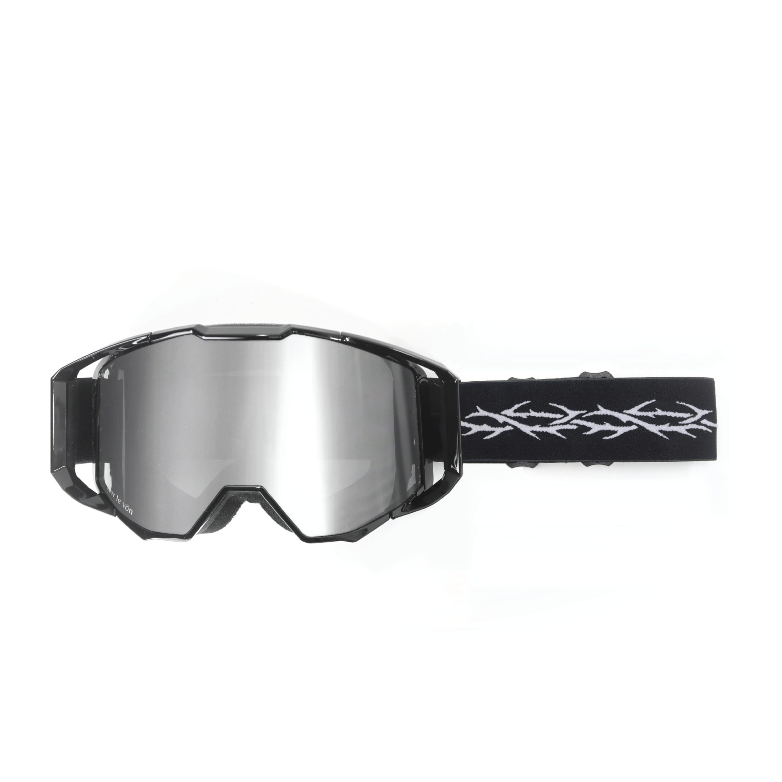 A pair of black and gray ski or snowboarding goggles with an adjustable strap with white and black design.