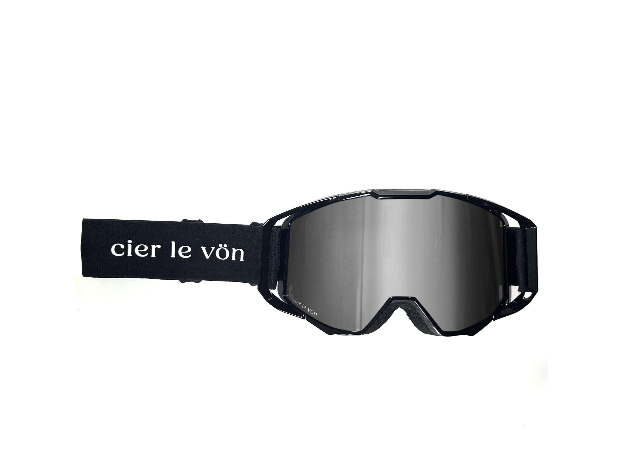 Black ski or snowboard goggles with mirrored lenses and an elastic strap labeled 'cier le vön' in white letters.