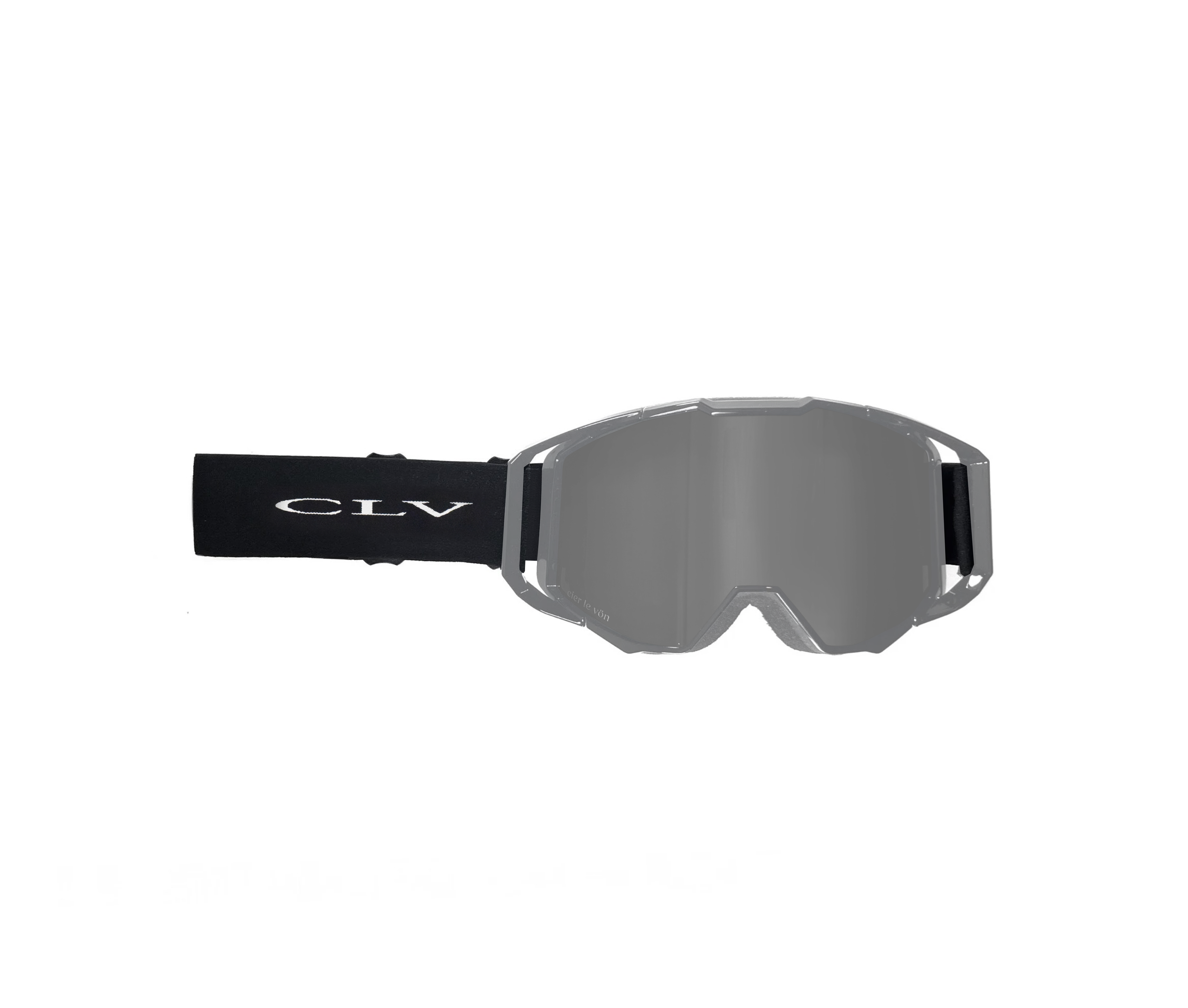 Ski or snowboard goggles with a black strap and tinted lens