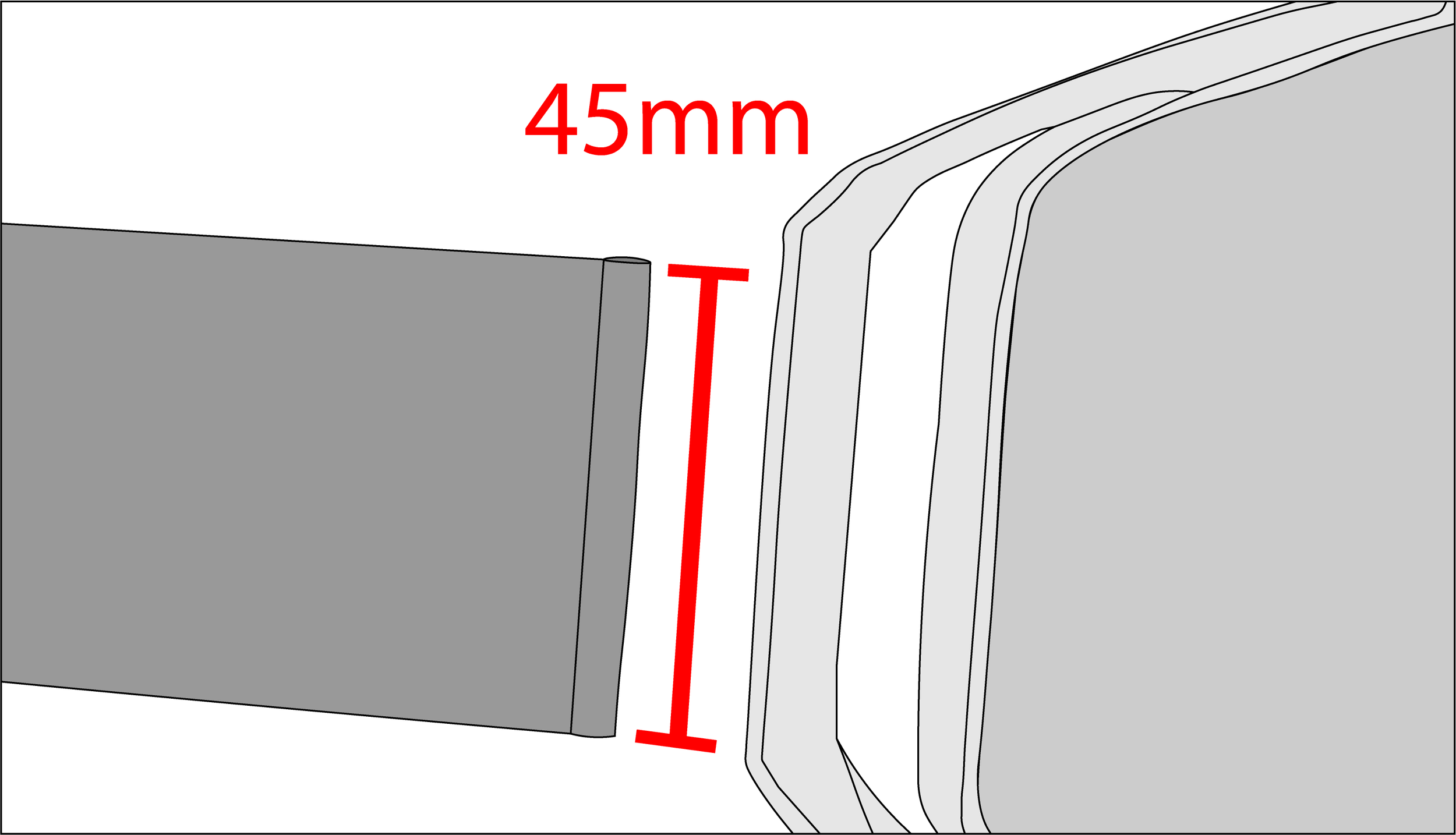 A technical drawing showing a gray object with a measurement of 45mm marked in red, indicating the distance between two parts of the object.