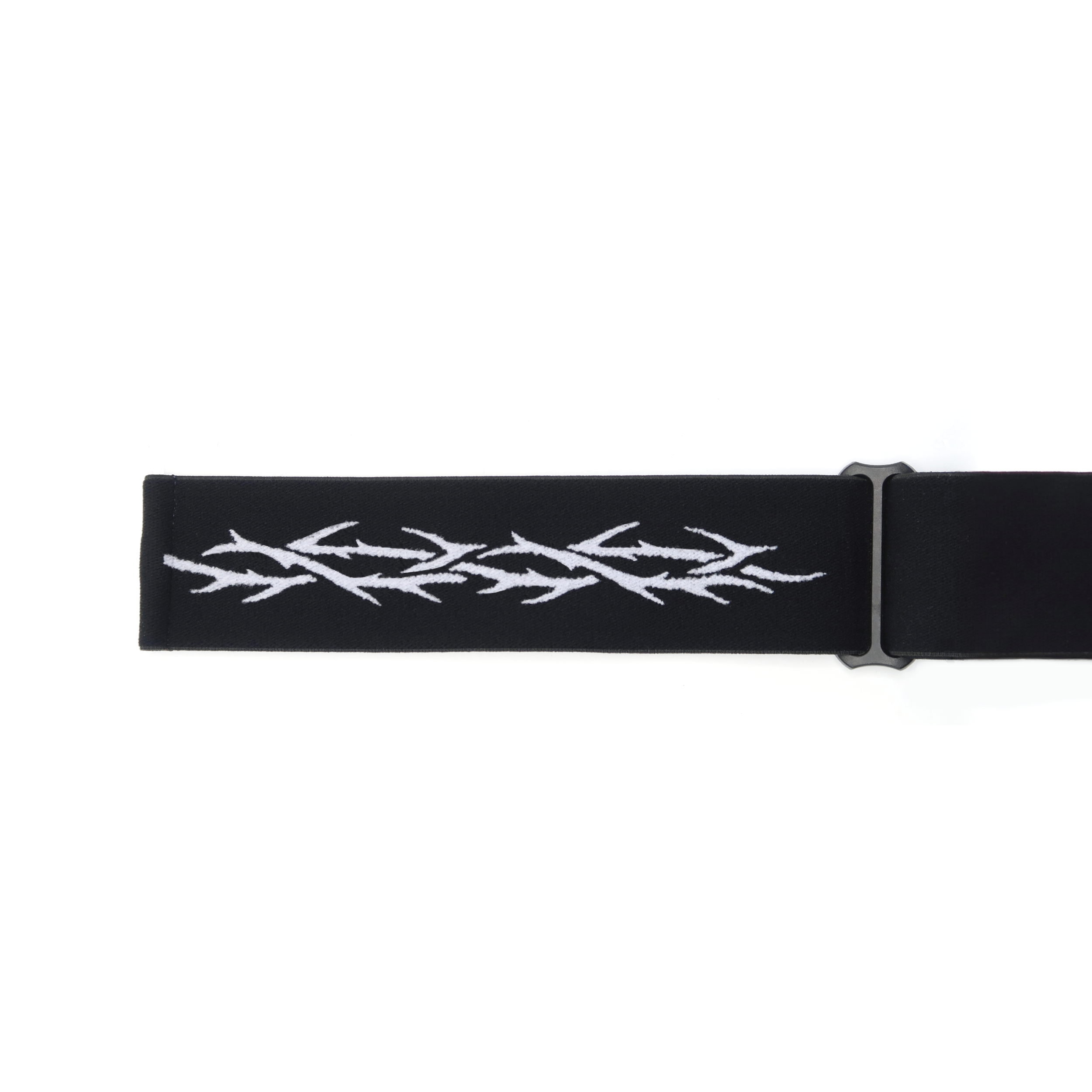 Black belt with white embroidered thorn design and metal buckle.