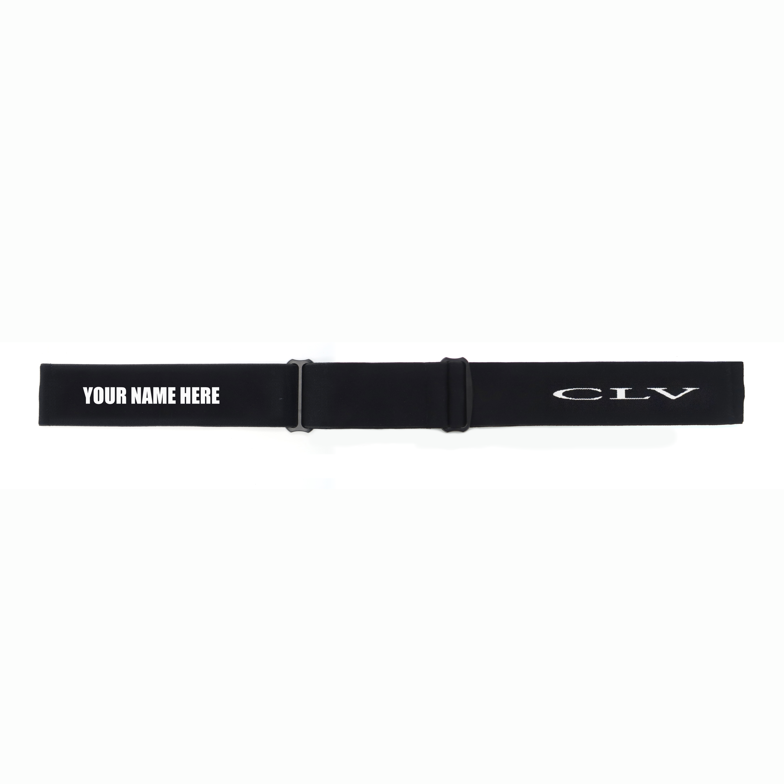 Black exercise resistance band with customizable text area that reads 'YOUR NAME HERE' and 'CLV' logo.