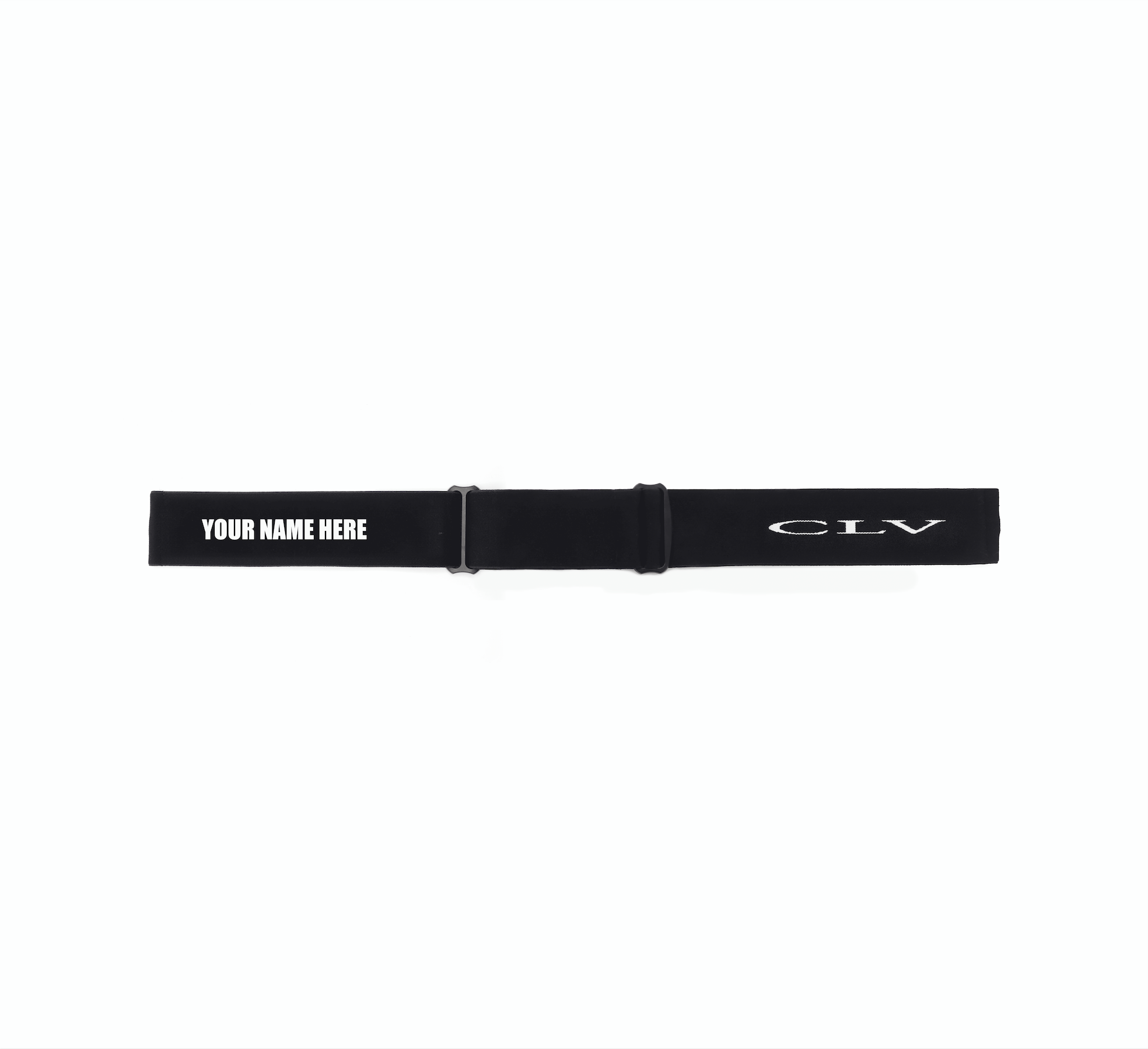 Black adjustable Universal Goggle Strap with white text reading "YOUR NAME HERE" on the left and "CLV" on the right, positioned horizontally on a white background.