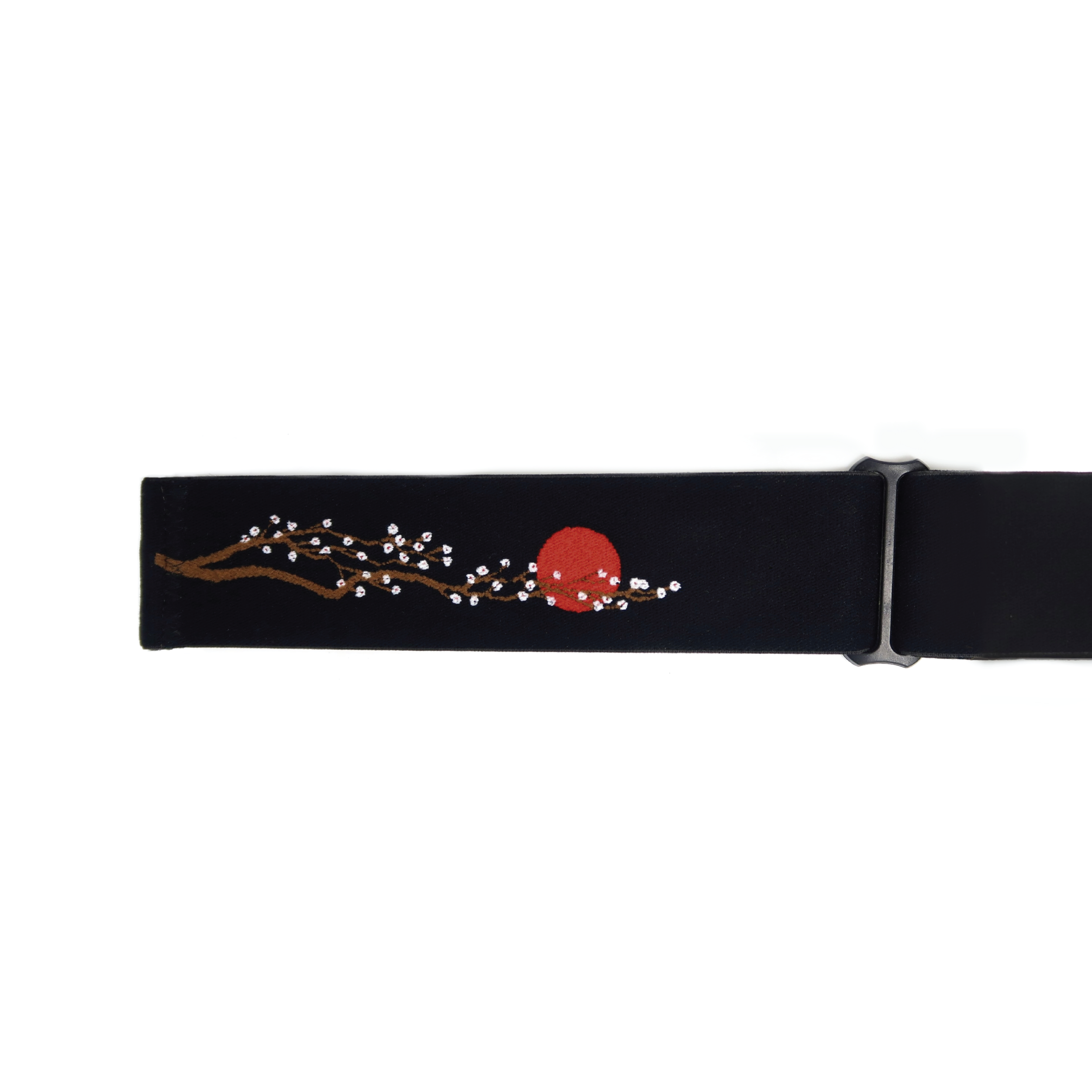 Black belt with embroidery of a cherry blossom branch and a red sun.
