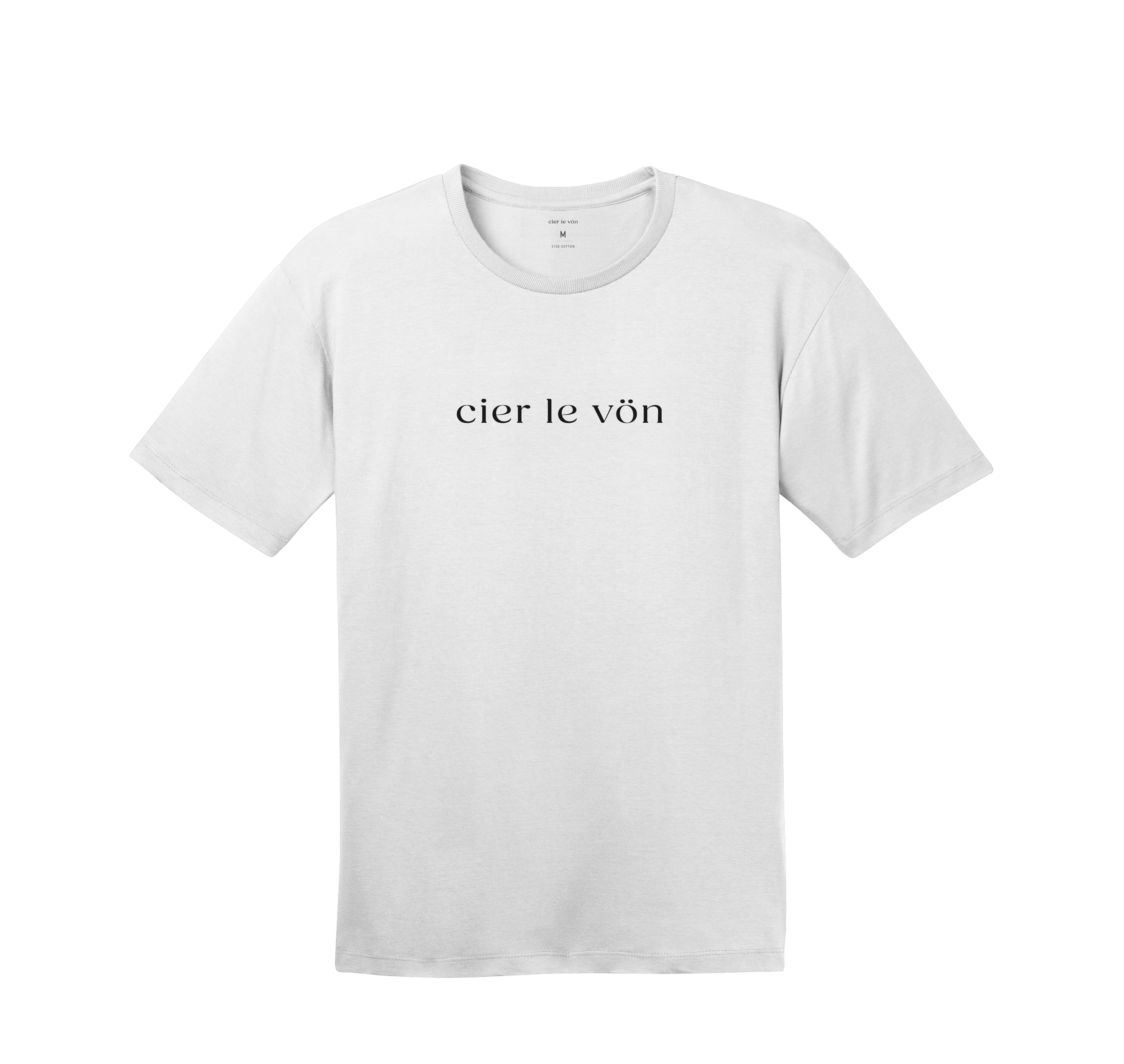 White T-shirt with black text that reads 'cier le vön' in the center.