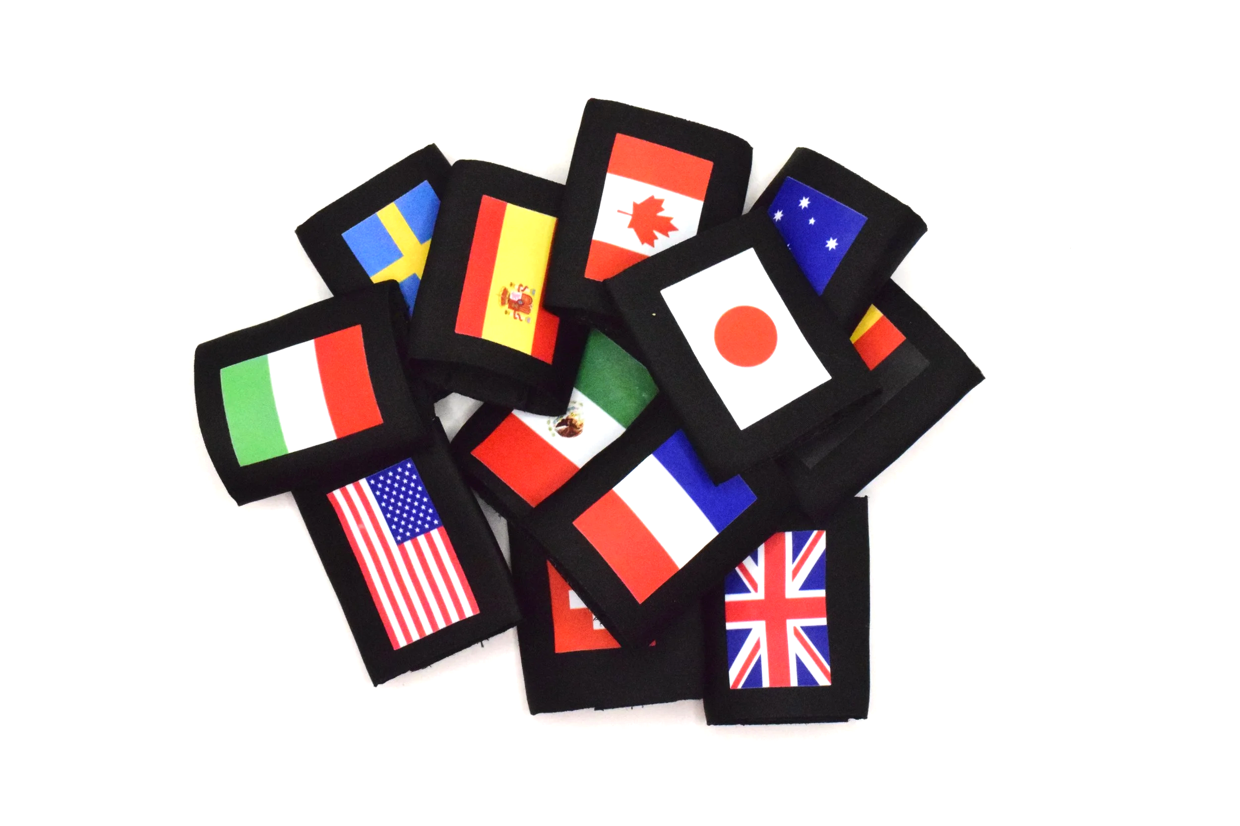 Collection of patches with various country flags including the United States, Japan, United Kingdom, Italy, Spain, Germany, France, Sweden, Canada, Australia, Mexico, and the European Union.