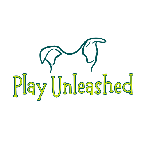 Logo of a stylized dog silhouette above the text "Play Unleashed" in green font