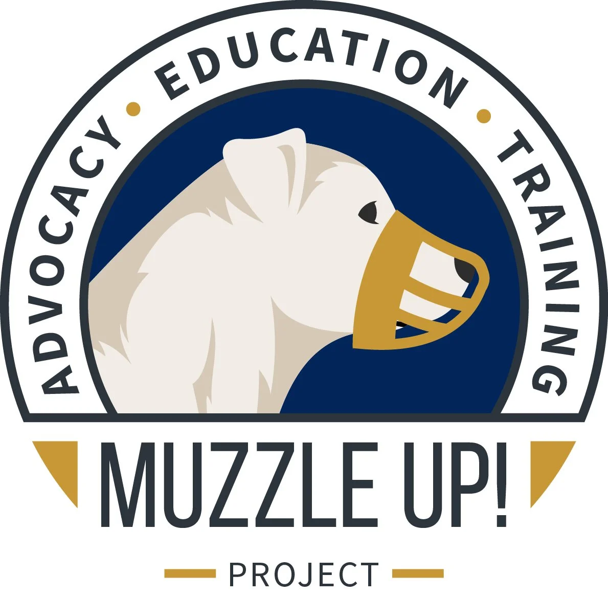 Logo for the 'Muzzle Up!' project by the Advocacy, Education, Training organization, featuring a white dog's head wearing a gold muzzle, surrounded by circular text.
