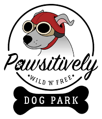 Logo of Pawsitively Dog Park featuring a gray dog wearing sunglasses and a red bandana, with the text 'Pawsitively Wild 'N Free' and a black bone-shaped sign reading 'Dog Park'.