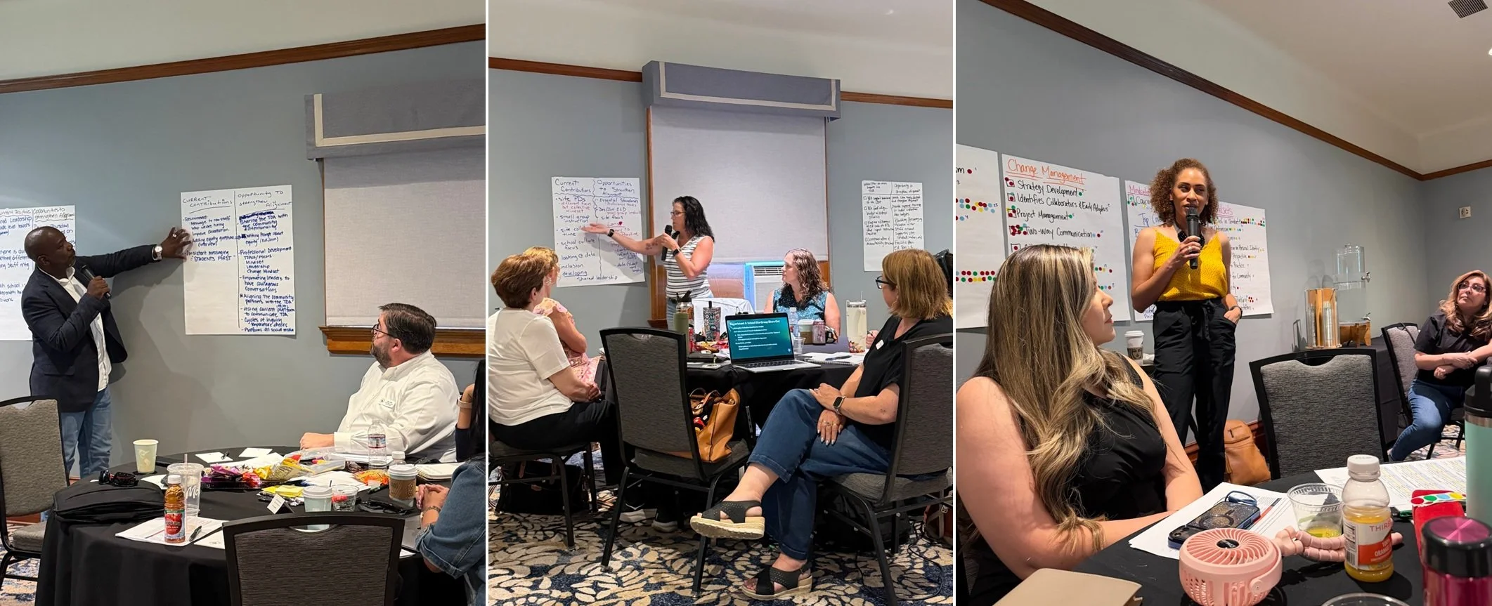 Series of three photos showing people holding microphones in a meeting room and describing to a group of people what is written on brainstorming papers on the walls.