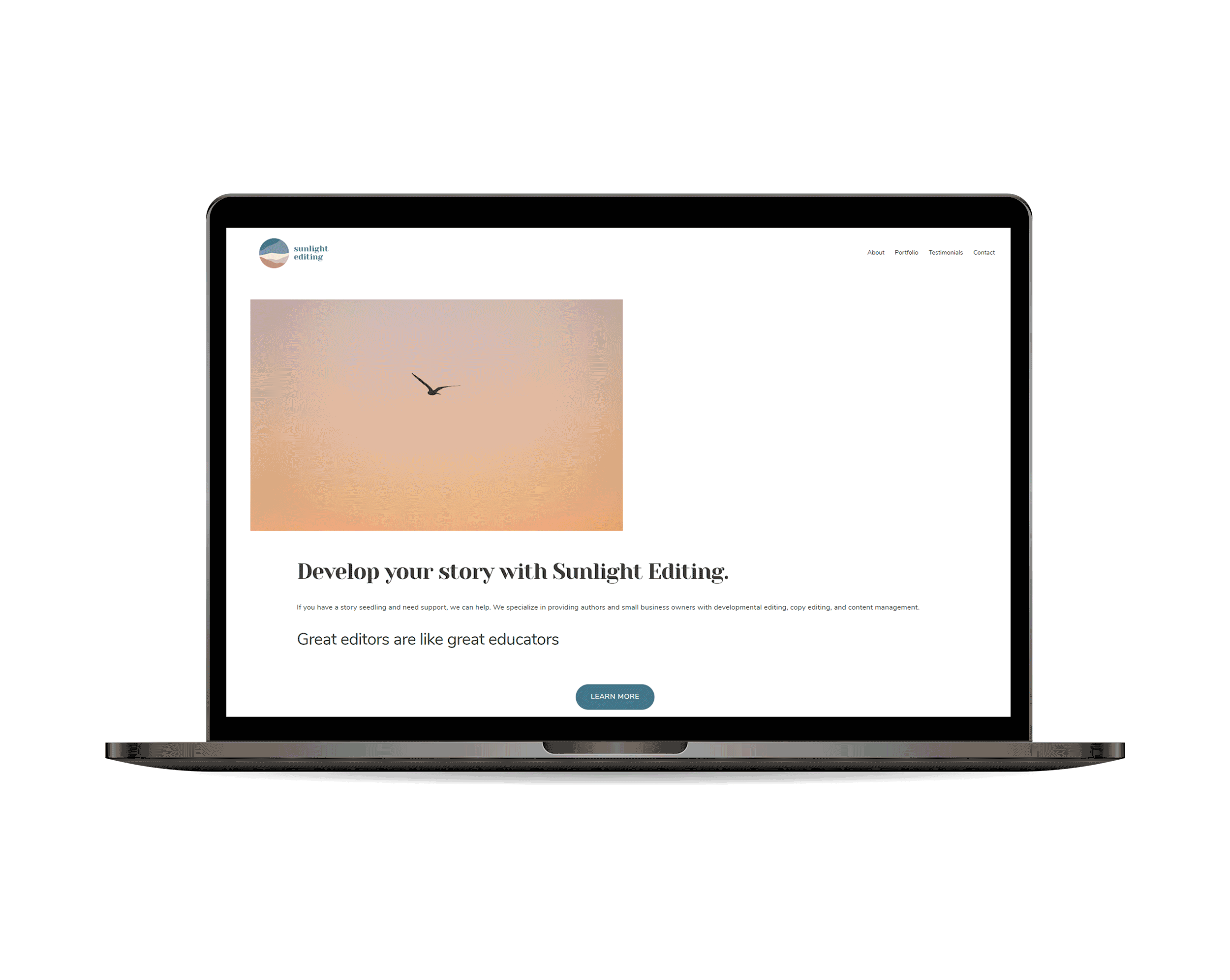 Laptop displaying a website for Sunlight Editing with an image of a bird in the sky.