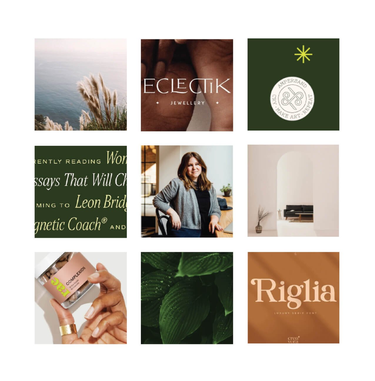 Collage of nine images including coastal plants, Eclectik Jewellery branding, Ampersand art retreat logo, text on green background, a woman sitting at a desk, minimalist interior with archway, a hand holding a jar, green leaves with water droplets, and Riglia font label.