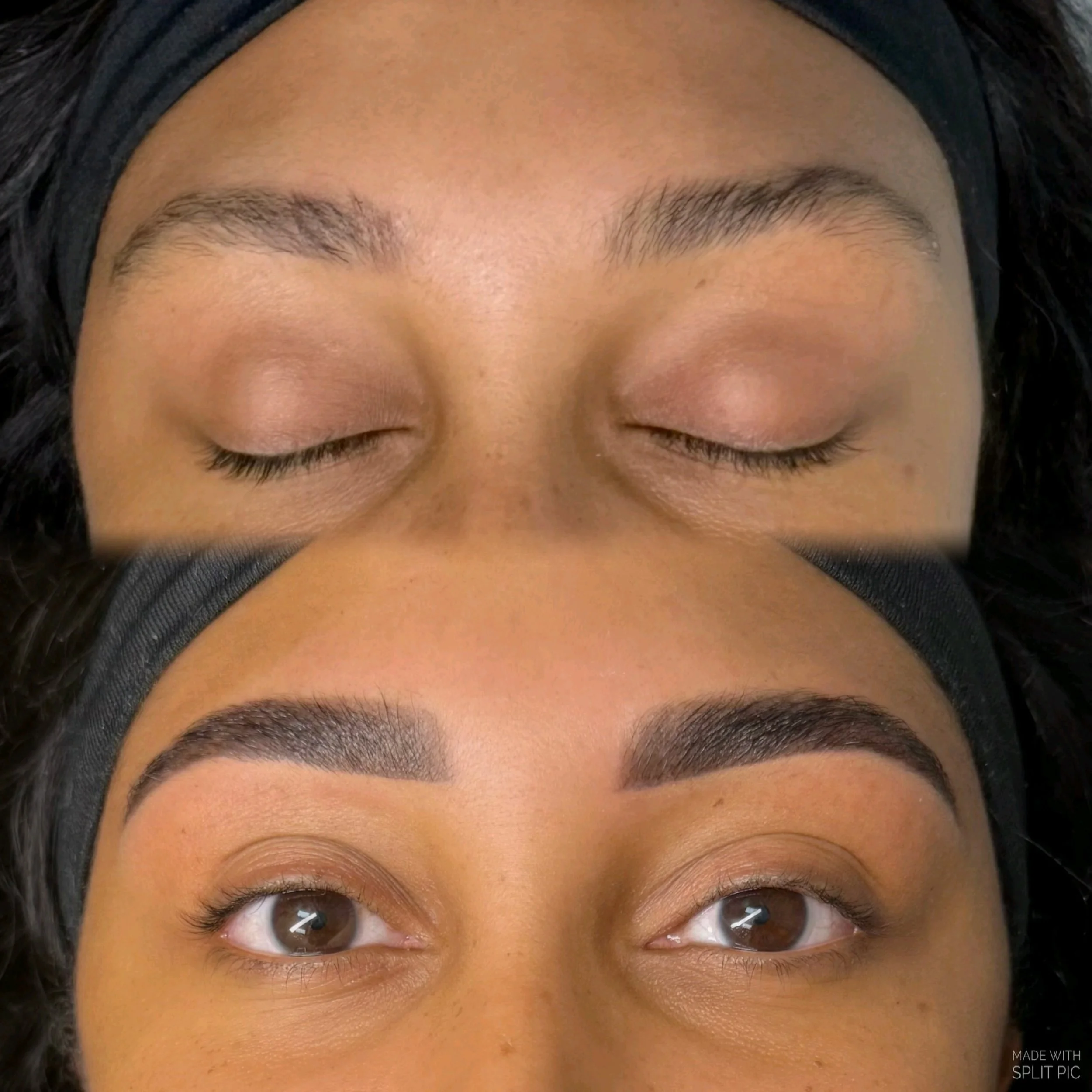 Picture of woman with before her brows untouched and then after they are waxed and tinted.