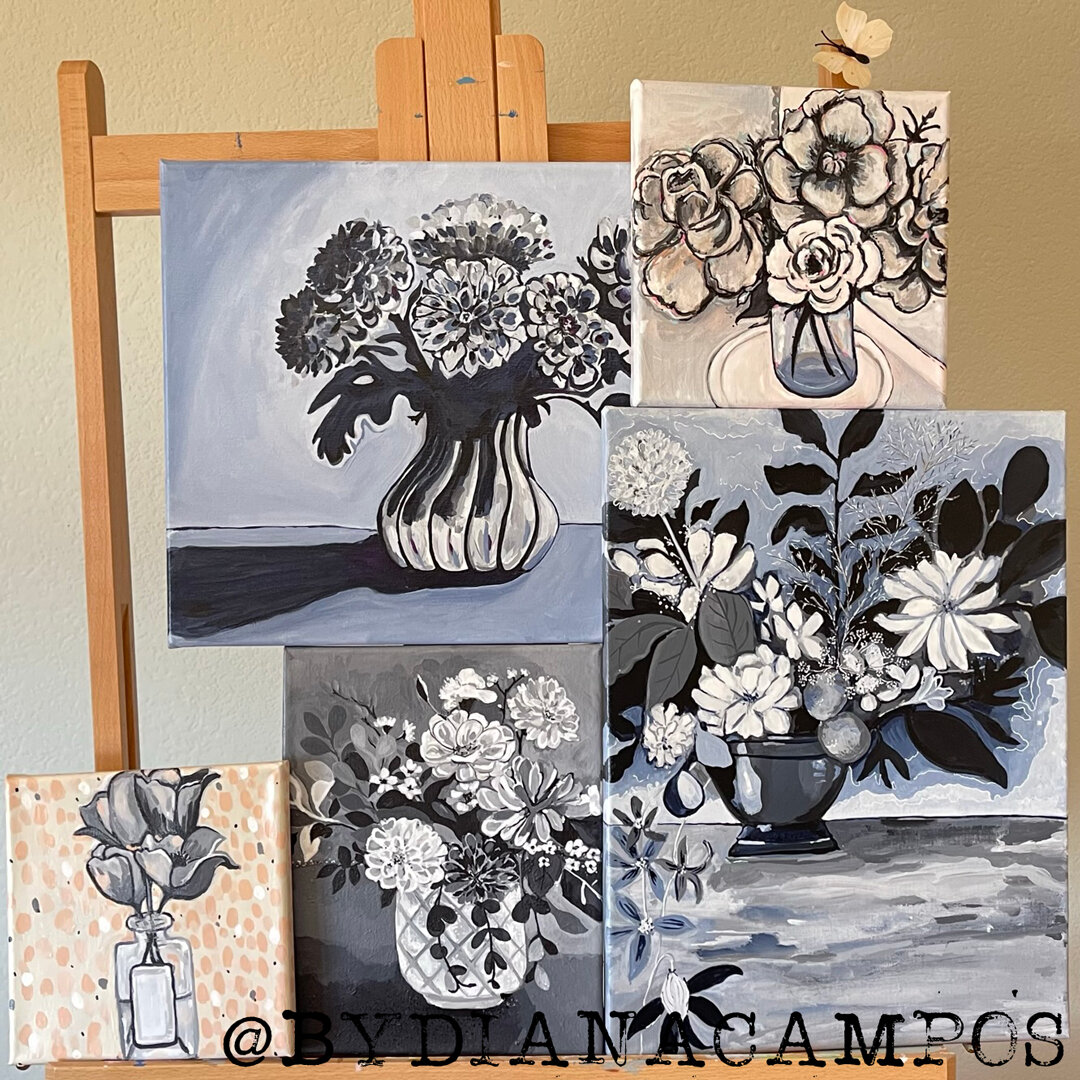 The greyscale/panes grey and some peachy grey paintings of the &quot;Omne Trium Perfectum&quot; collection. ​​​​​​​​
Each &quot;grey&quot; painting has two others of the same florals only in color. It's a very interesting/unique collection. I invite 