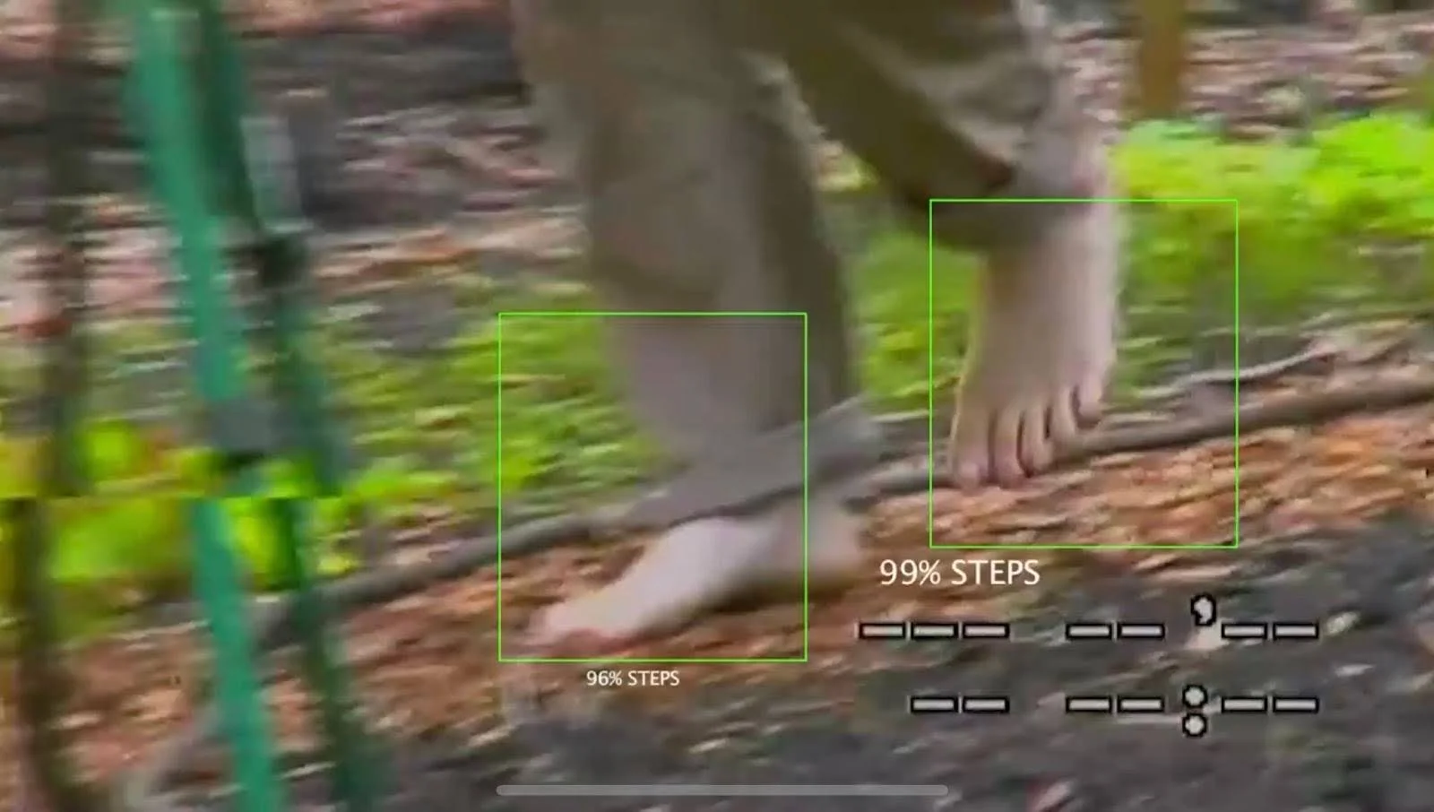 Blurry image of bare feet walking on a forest path with digital overlays and text indicating step detection percentages.