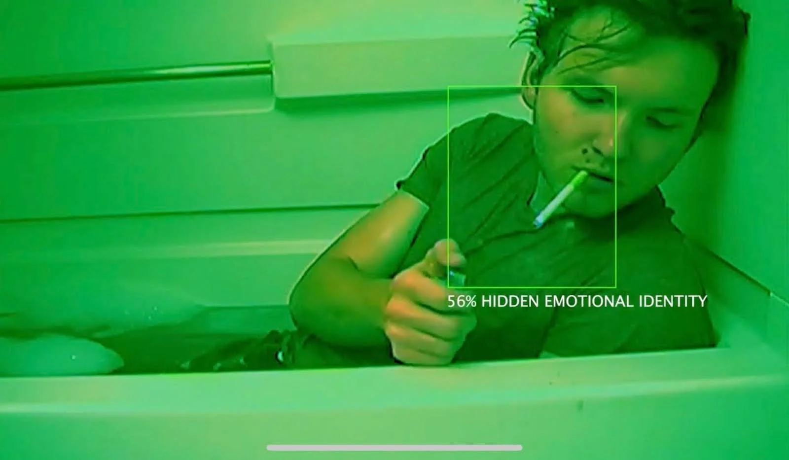 Person sitting in a bath with water, holding a cigarette and lighter, green tint effect, with text overlay displaying "56% Hidden Emotional Identity."
