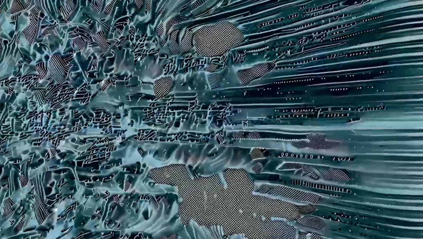 Abstract digital art with chaotic blue-green textures and patterns resembling circuit board elements.