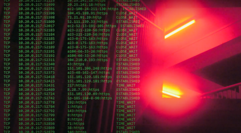 Overlay of TCP connection data with a red-lit industrial setting in the background.