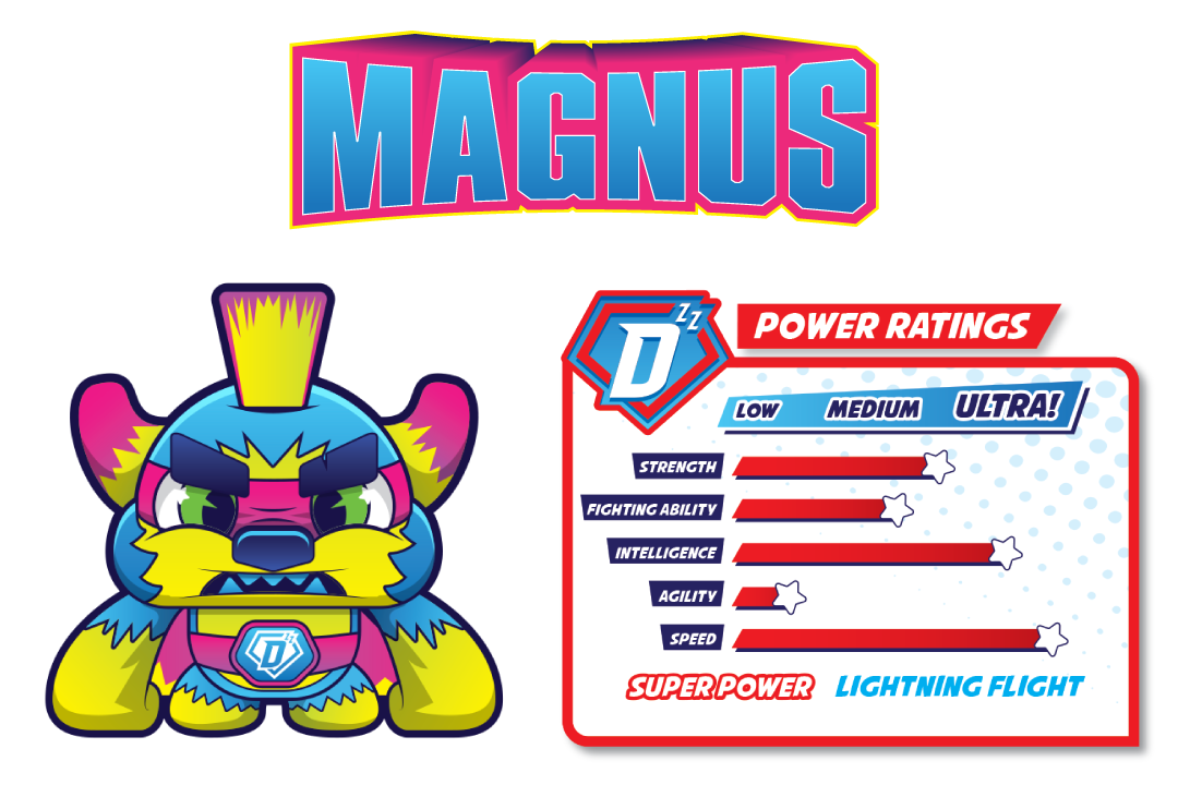 Magnus from the Bedtime Defenderz name graphic, front pose and stats