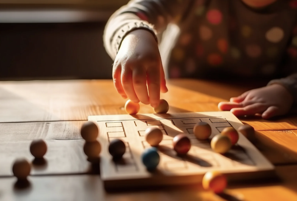 Child playing a game with colored balls and a grid board on a wooden table.