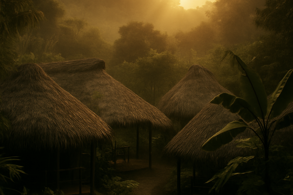 Four thatched-roof huts surrounded by dense jungle at sunset.