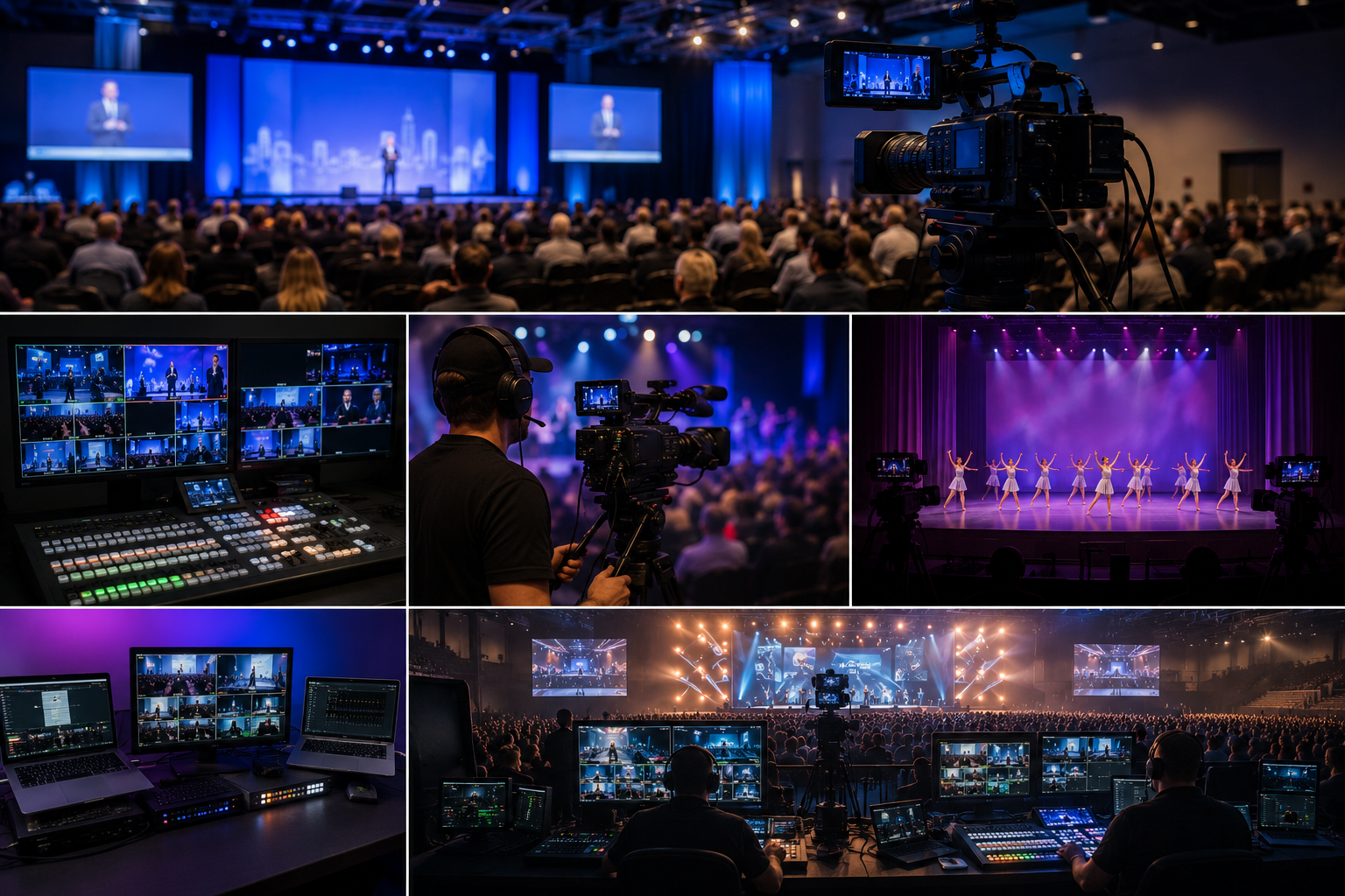 Live video production featuring corporate events, multi-camera switching, camera operators, livestreaming and stage performances.