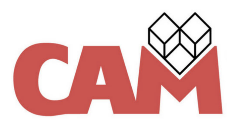 Red text spelling 'CAM' with a geometric cube logo above the letter 'M'.
