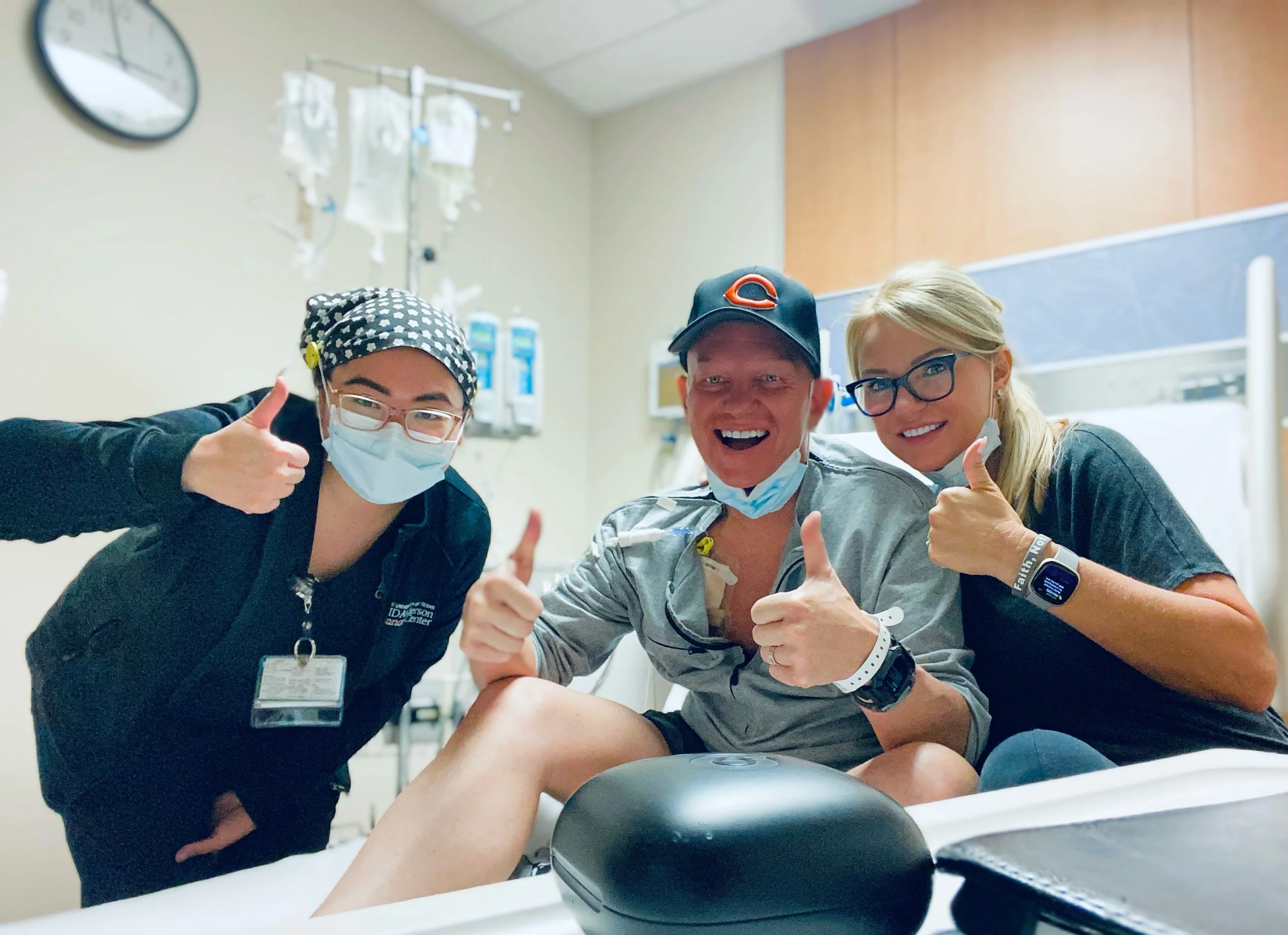 Wearing Coach Kitchen's hat to Chemo.