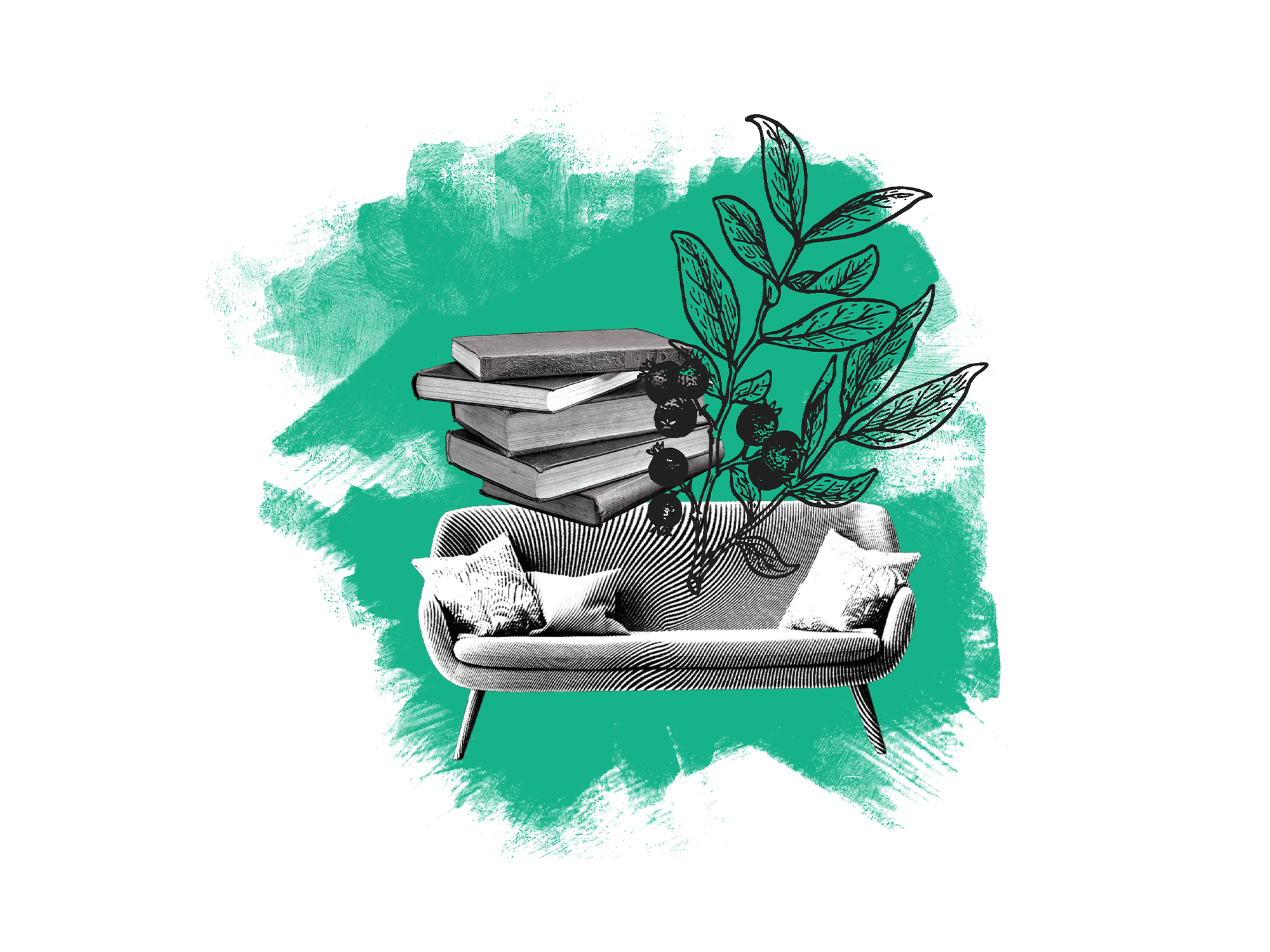 Collage of couch, books, leaves.