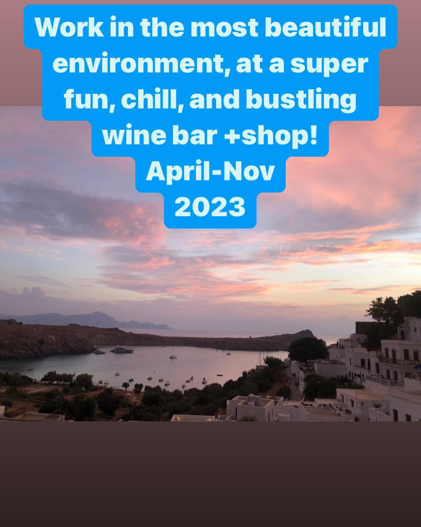 Kava Kantina Needs YOU!  Don&rsquo;t miss out on a fabulous way to work + play this summer!
#winebars #greece🇬🇷 #greekwinesommelier #greekislands #greekwine #yachtstyle #lindos