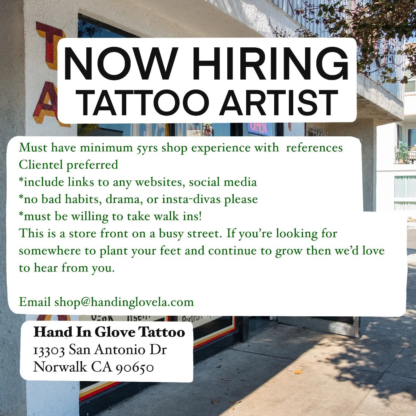 We are currently looking for an additional artist to work three to four days a week. Clientele preferred but not a must. Must be available to take walk-ins! Please email a short description of your professional tattoo experience and photos or links t