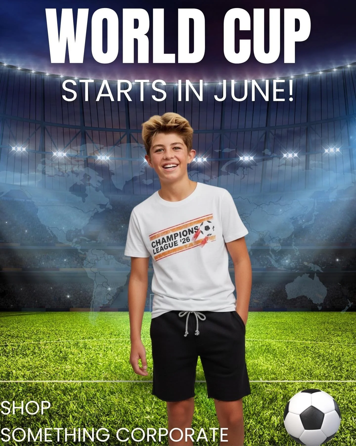 World Cup ⚽️ mania hits starting in JUNE! Snag your CHAMPIONS LEAGUE tee from @shopsomethingcorporate 🥅⚽️
