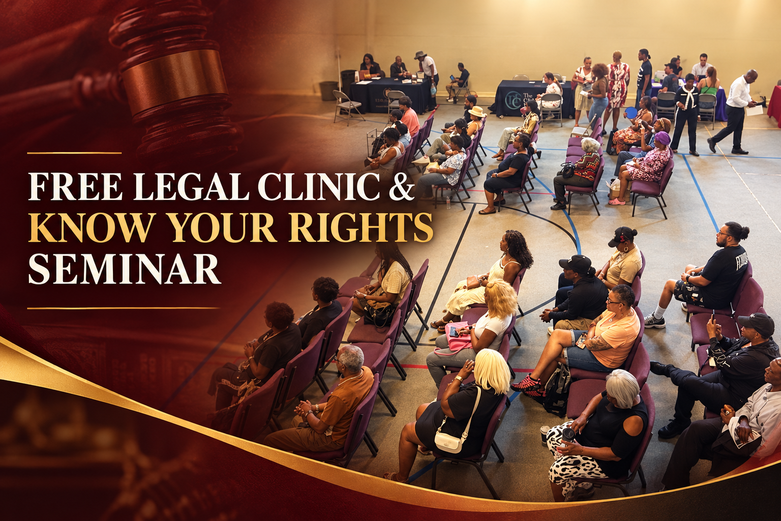 An indoor event with many people sitting in chairs, attending a seminar about legal rights, with a table at the front, some standing and talking, and a large banner or sign that reads 'Free Legal Clinic & Know Your Rights Seminar'.