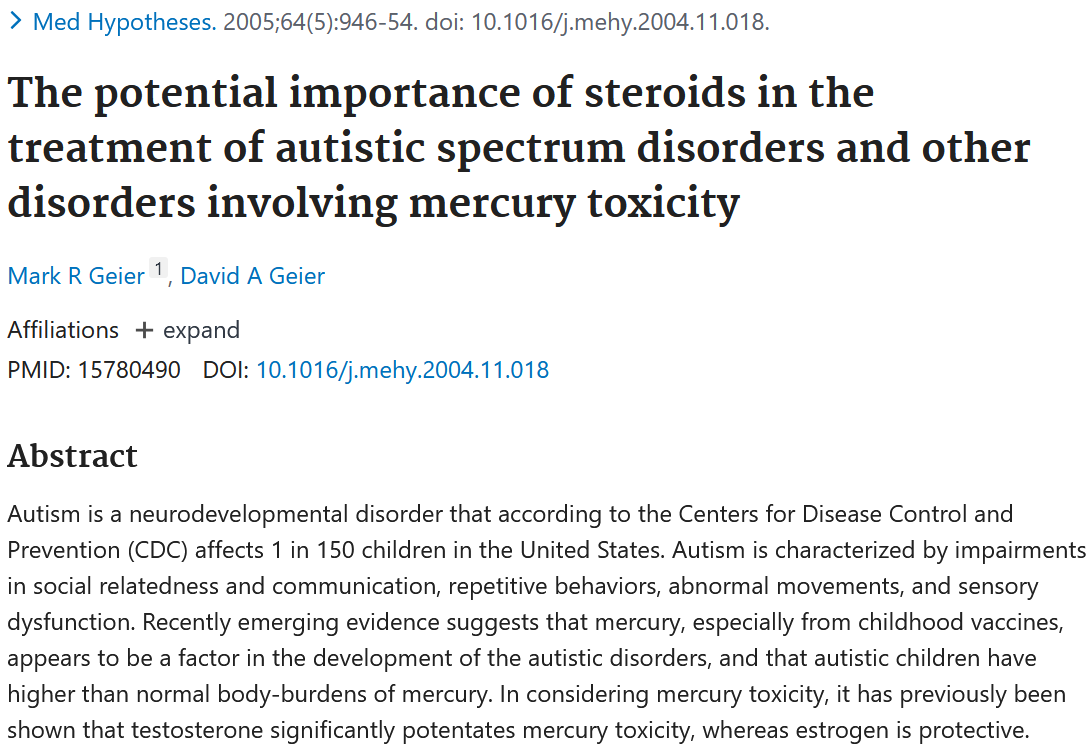Screenshot of a scientific research article titled 'The potential importance of steroids in the treatment of autistic spectrum disorders and other disorders involving mercury toxicity.'