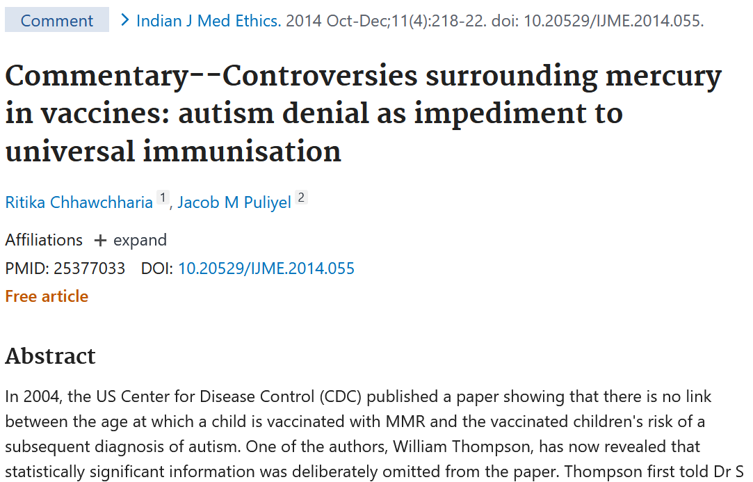 Screenshot of a scientific article titled 'Commentary--Controversies surrounding mercury in vaccines: autism denial as impediment to universal immunisation' from Indian Journal of Medical Ethics, published in 2014, showing author names and abstract.