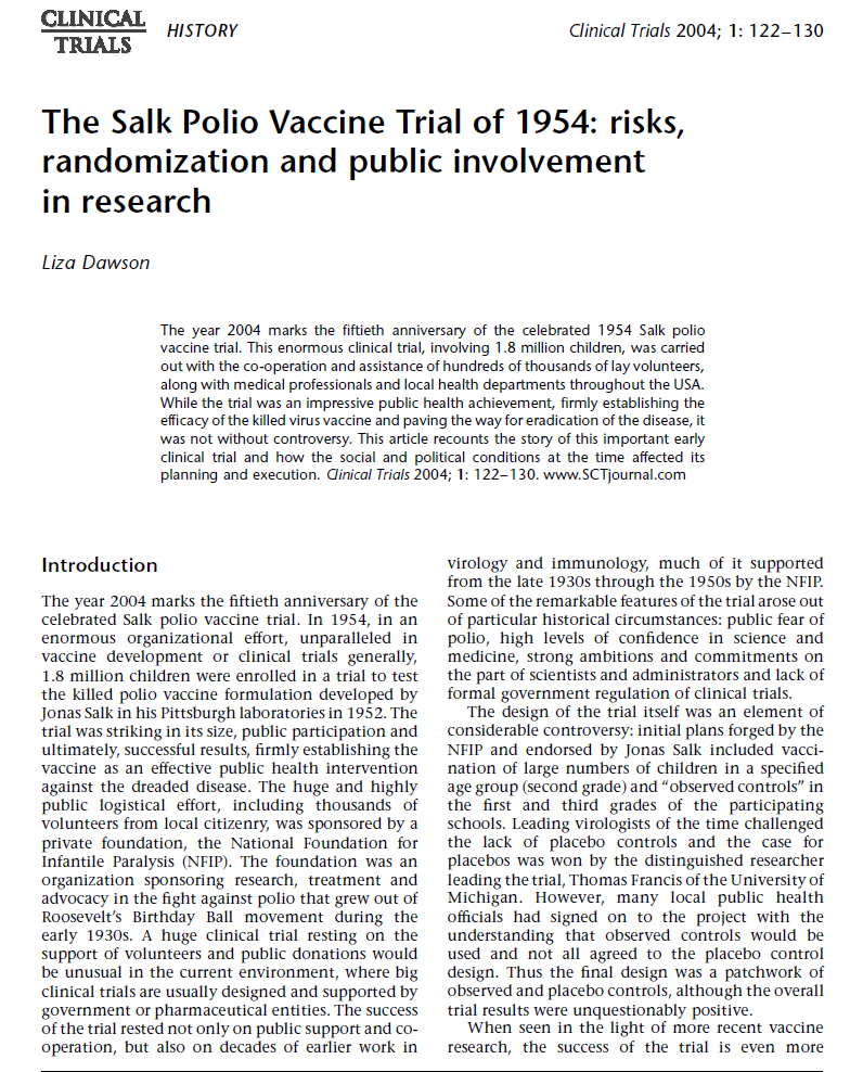 The Salk Polio Vaccine Trial of 1954: risks, randomization and public involvement in research