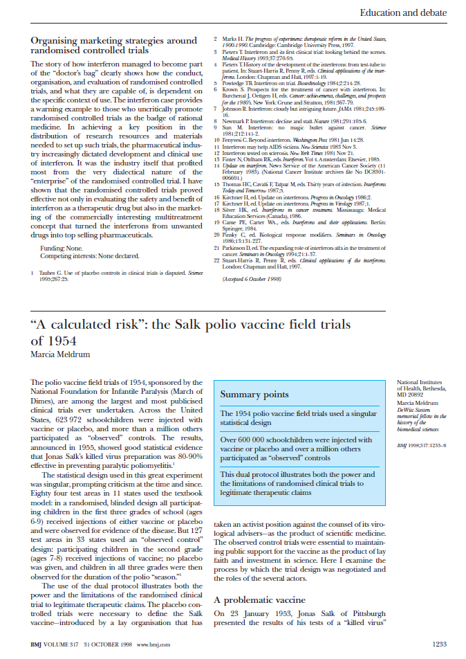BMJ “A calculated risk”: the Salk polio vaccine field trials of 1954 Marcia Meldrum