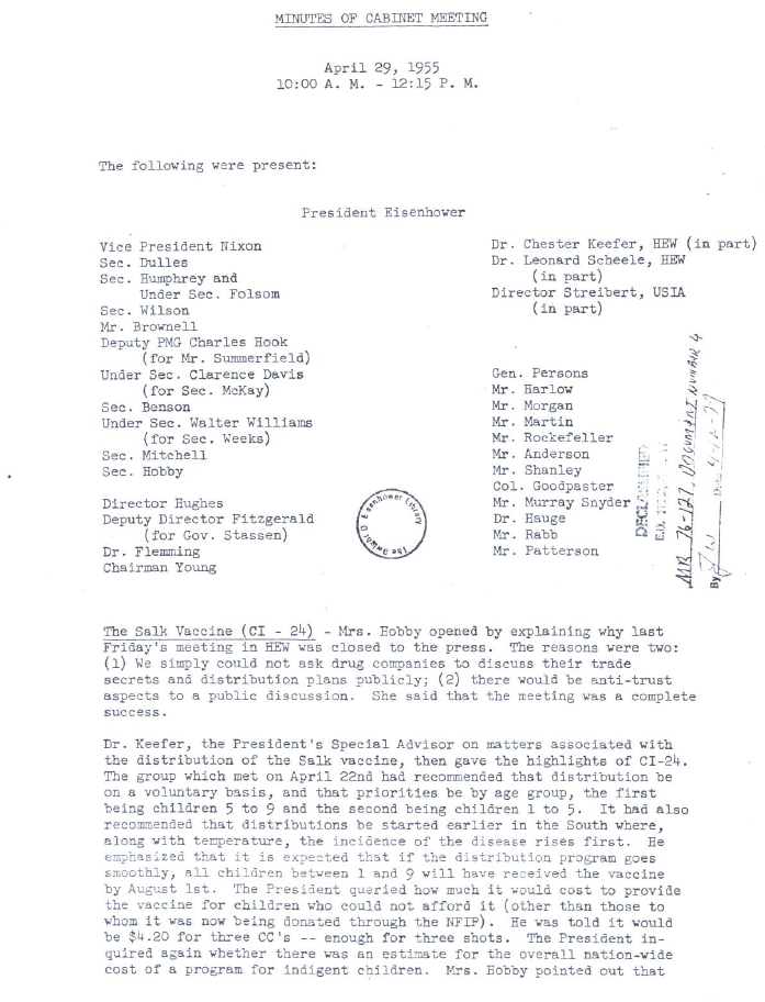 Nixon Cabinet Meeting Minutes April 1955