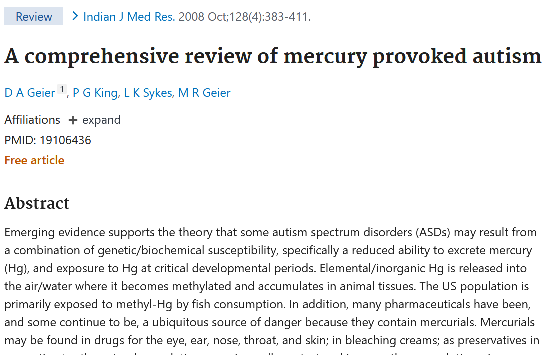 Screenshot of a scientific article titled "A comprehensive review of mercury provoked autism," from Indian Journal of Medical Research, published in October 2008.