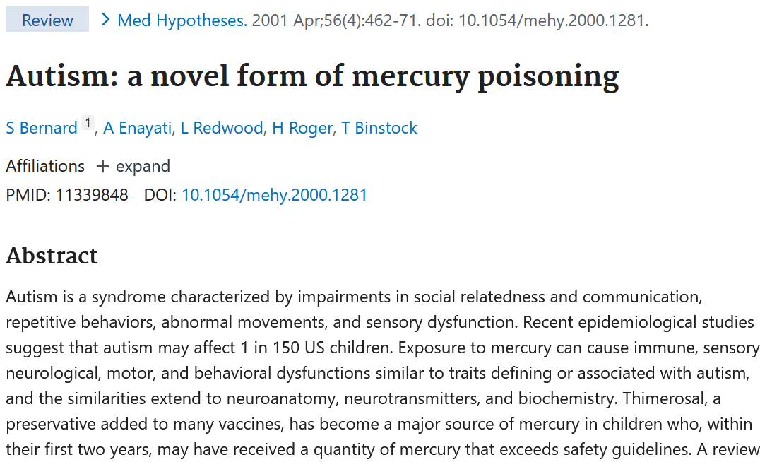 Screenshot of a scientific article titled 'Autism: a novel form of mercury poisoning' from the journal 'Med Hypotheses' showing author names, abstract, and publication details.