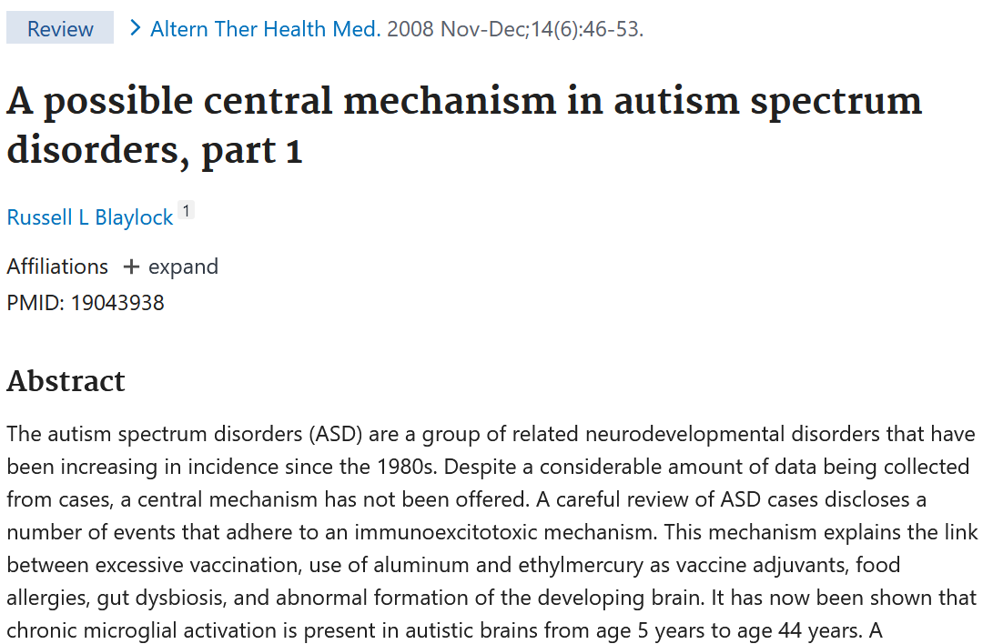 Screenshot of a scientific article titled 'A possible central mechanism in autism spectrum disorders, part 1' by Russell L Blaylock published in 2008, discussing neurodevelopmental disorders and autism.
