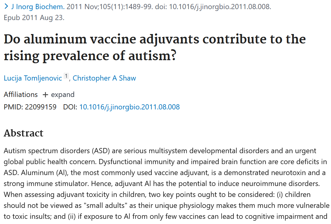 Screenshot of a scientific journal article titled 'Do aluminum vaccine adjuvants contribute to the rising prevalence of autism?' with author names Lucija Tomljenovic and Christopher A. Shaw, published in 2011.