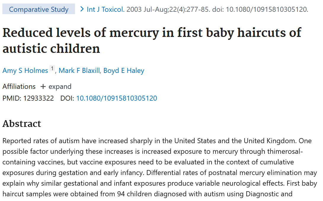 Screenshot of a scientific research article titled 'Reduced levels of mercury in first baby haircuts of autistic children', published in the International Journal of Toxicology in July-August 2003.