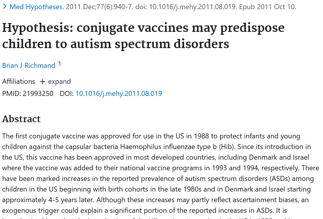 Screenshot of a scientific article titled 'Hypothesis: conjugate vaccines may predispose children to autism spectrum disorders,' authored by Brian J Richmand, discussing research on vaccines and autism.