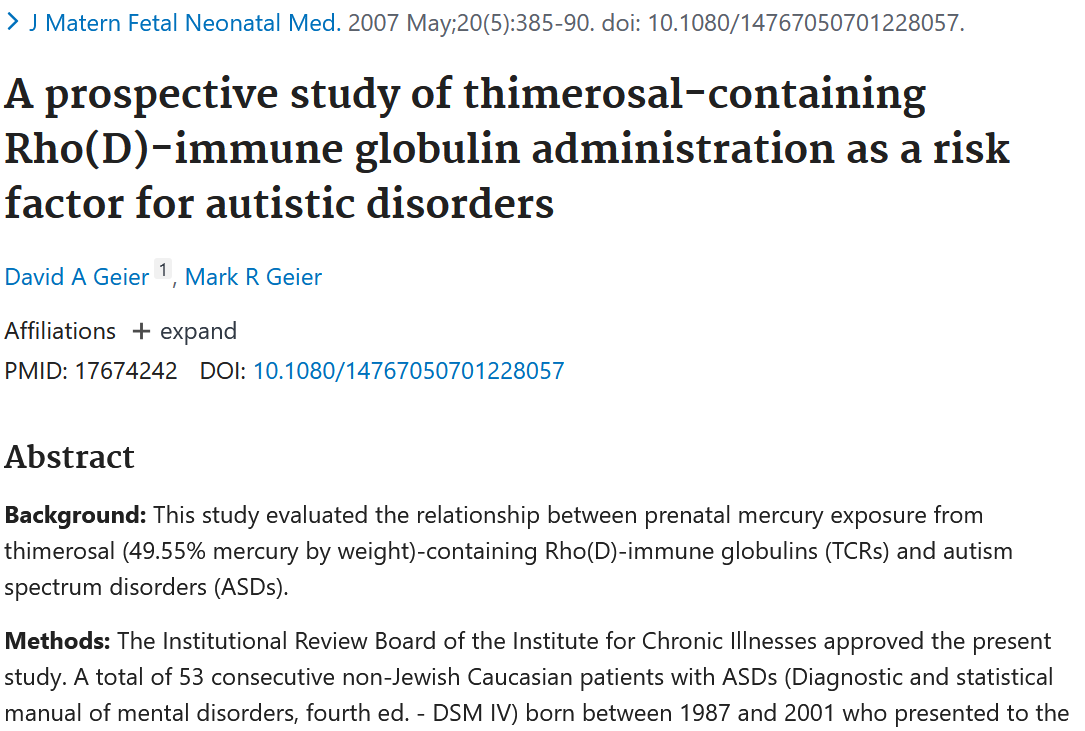 Scan of a scientific research article titled 'A prospective study of thimerosal-containing Rho(D)-immune globulin administration as a risk factor for autistic disorders', listing authors David A Geier and Mark R Geier, with sections including abstract, background, and methods.