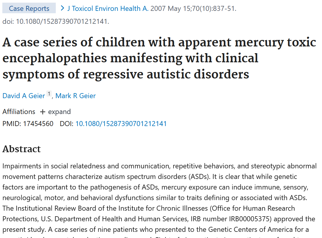 Screenshot of a scientific research paper titled 'A case series of children with apparent mercury toxic encephalopathies manifesting with clinical symptoms of regressive autistic disorders' by David A Geier and Mark R Geier, including authorship, publication details, and abstract.