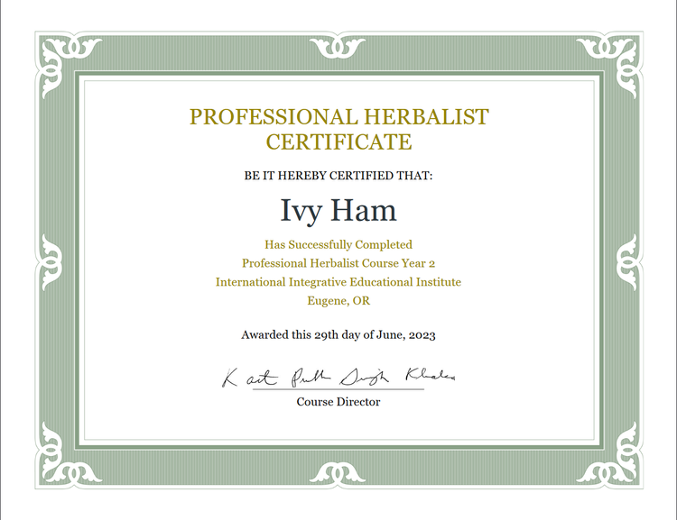Professional Herbalist certificate awarded to Ivy Ham, dated June 2023.